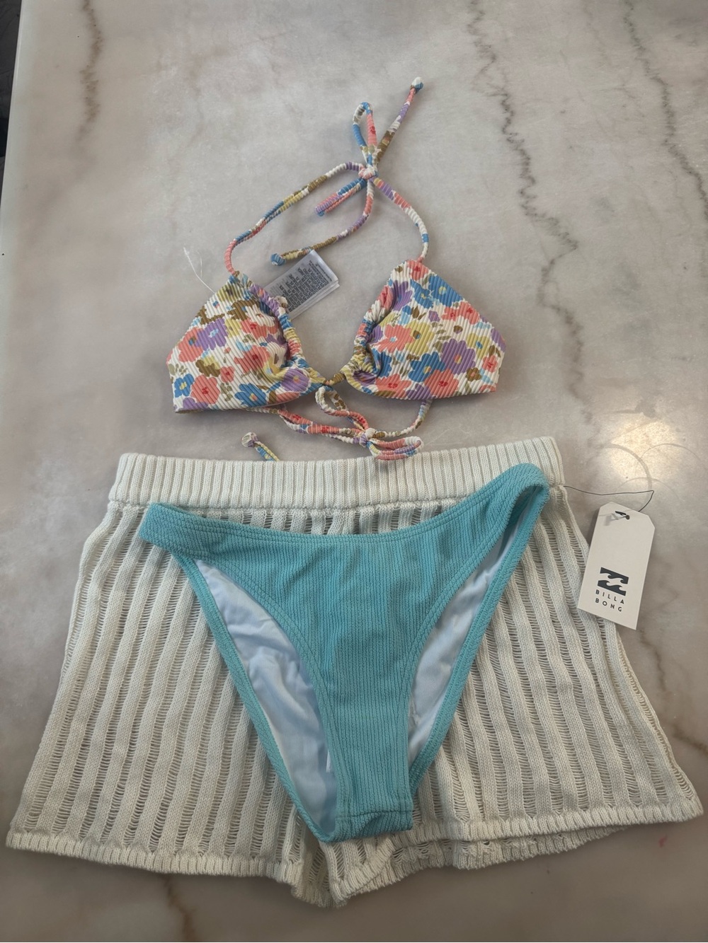 Billabong Floral Multicolor Triangle Top & Aqua Ribbed Bikini Bottoms